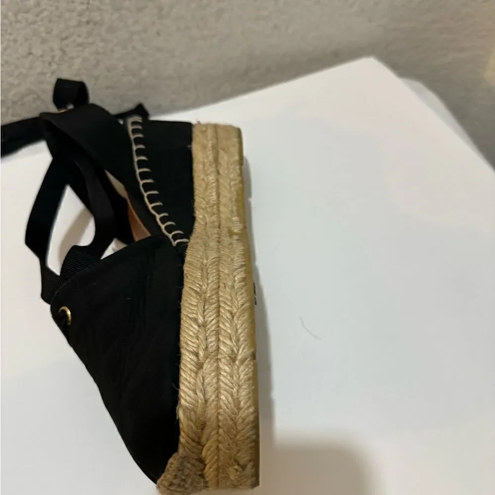 Ralph Lauren Black Uma Espadrille Wedge Ankle Wrap Platform Sandals Size 37
